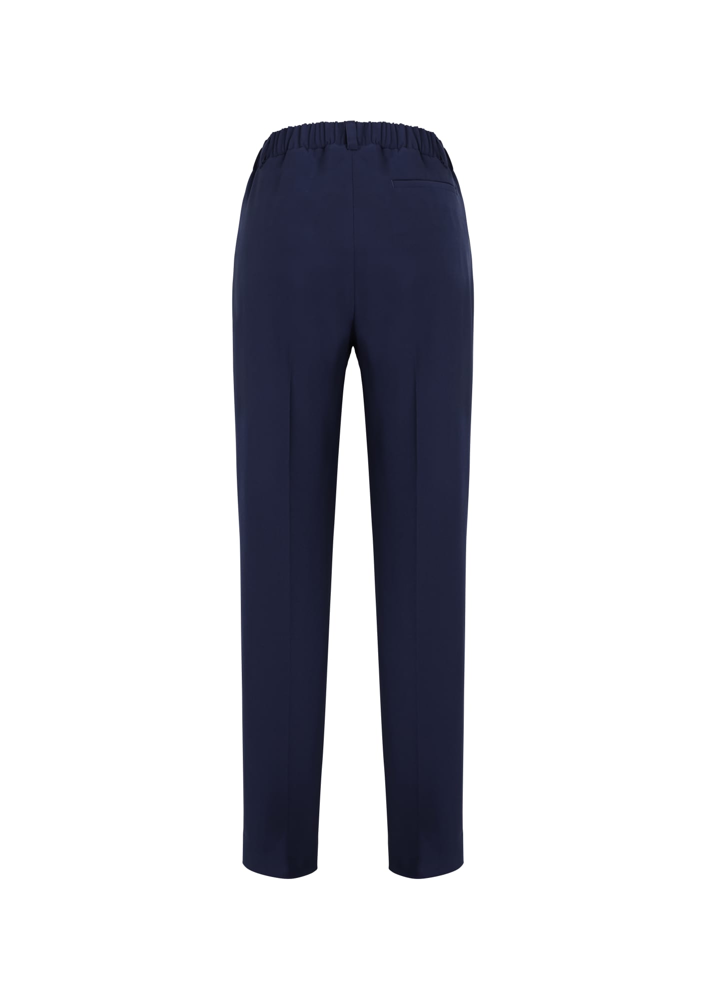 A pair of women's bandless elastic waist pants in navy, featuring a smooth fabric and a back pocket.