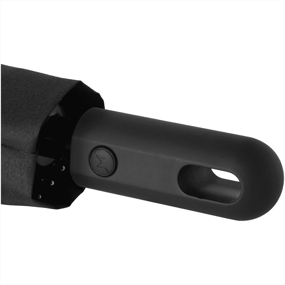 A black foldable umbrella with an auto open/close feature, featuring a handle with a button for operation.