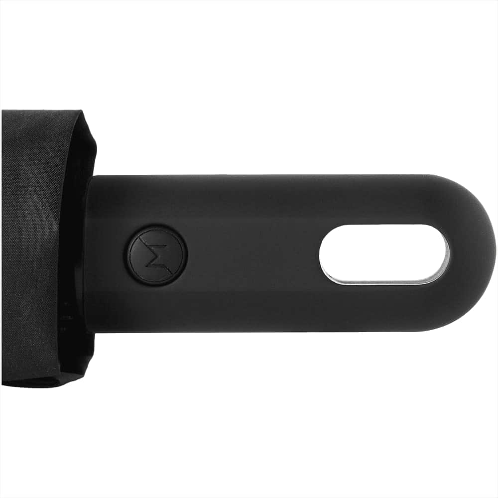 A black foldable umbrella with a smooth handle and a small logo, designed for leisure and outdoor use.