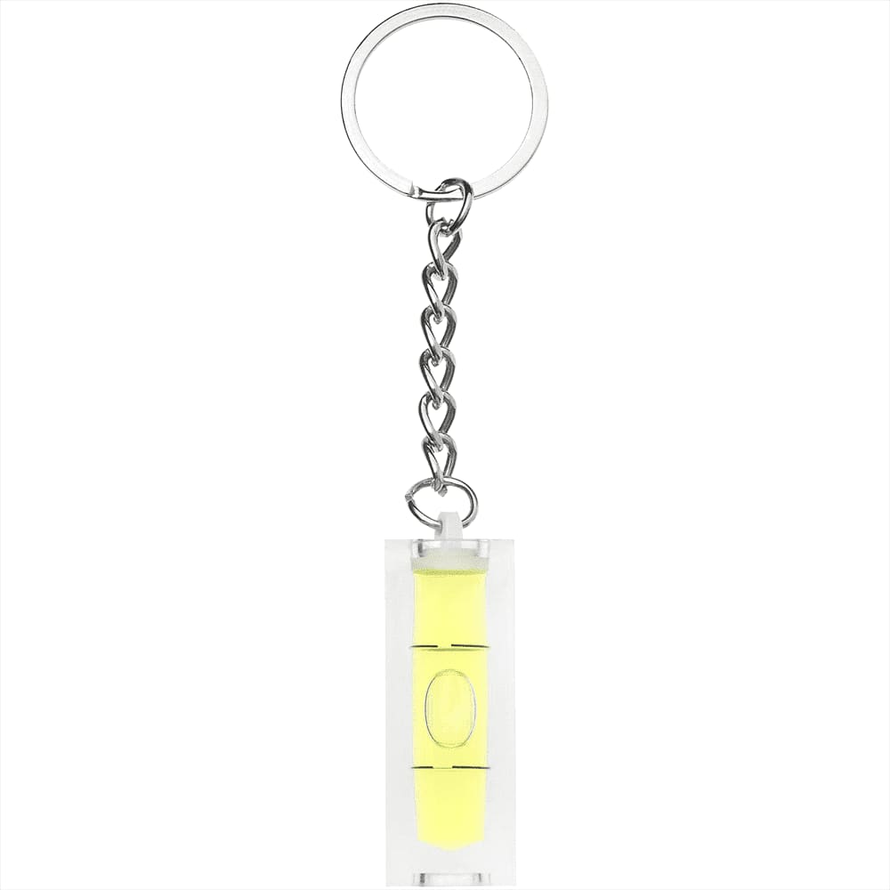 A yellow leveller key chain with a clear rectangular body and a silver chain attachment.