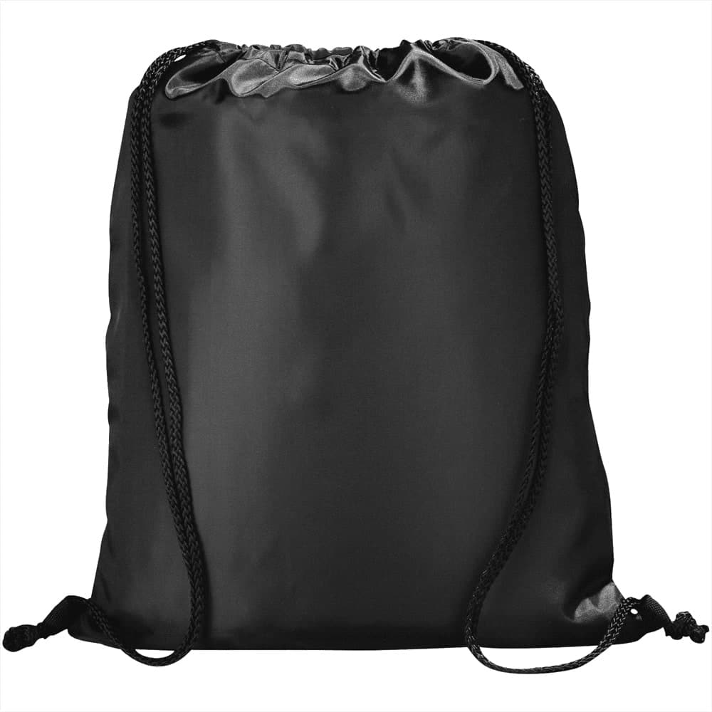A black drawstring backpack with textured fabric and adjustable drawstrings, featuring a logo.