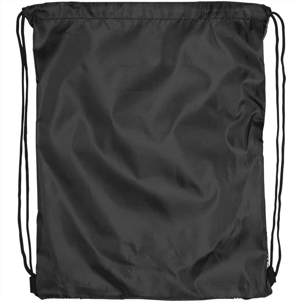 A black drawstring backpack with a simple design and adjustable cords, featuring a logo.