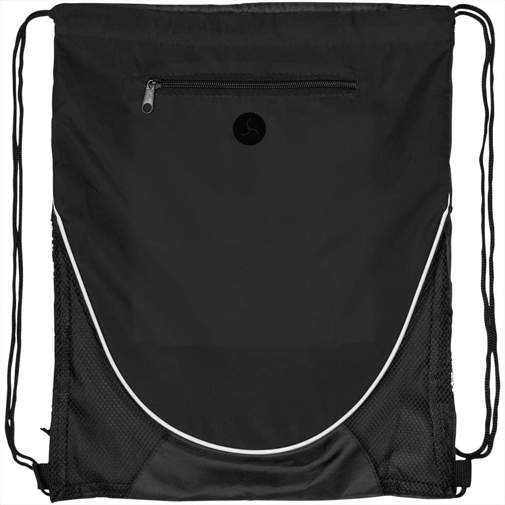 A black drawstring backpack with a zippered front pocket and mesh sides. It features a logo on the front.
