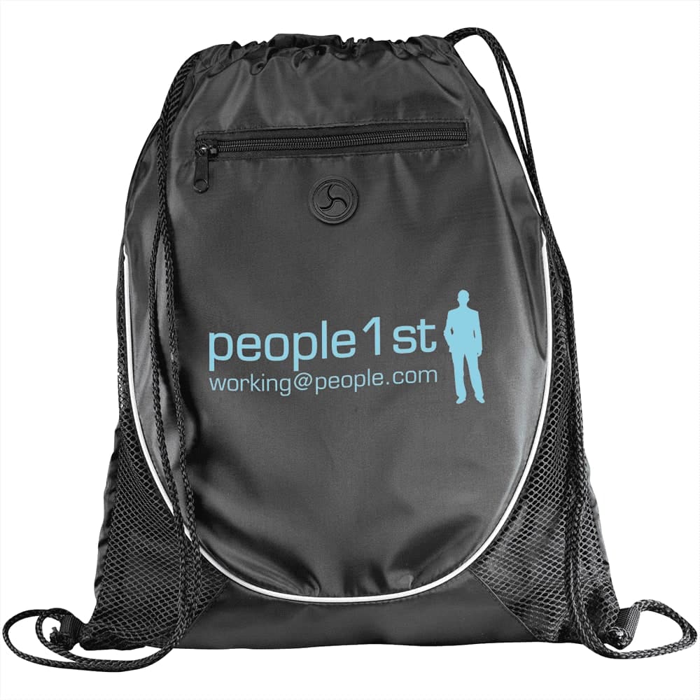 A black drawstring backpack with a zip pocket, mesh sides, and a logo featuring a figure and text.
