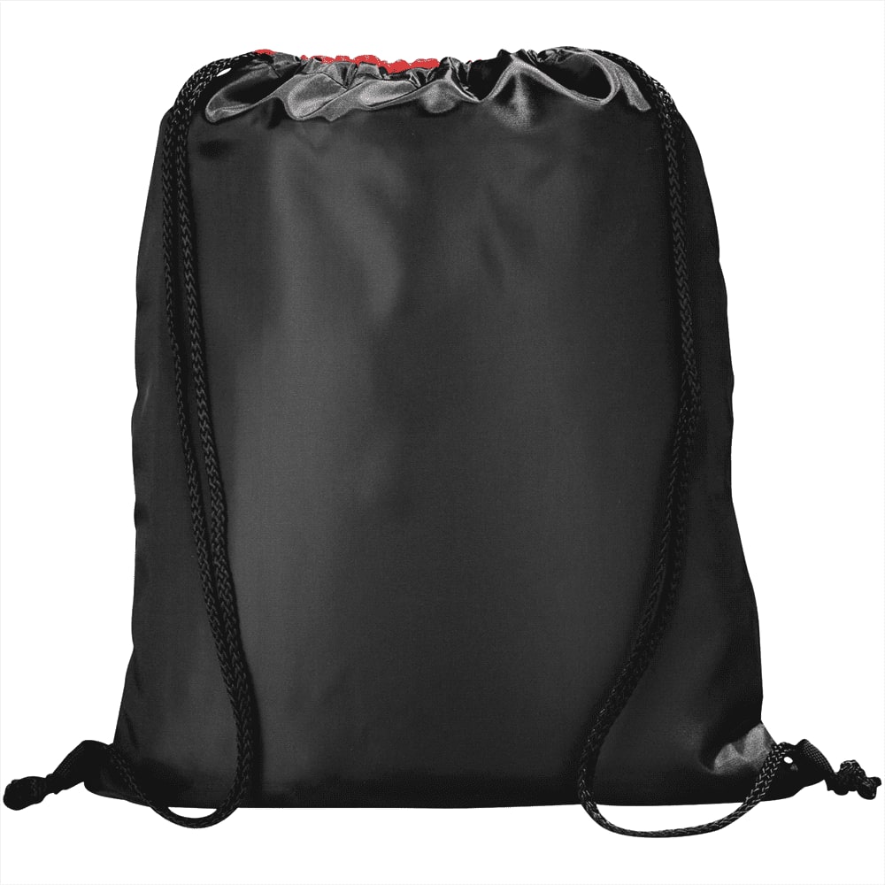 A black drawstring backpack featuring a logo and contrasting pull strings.