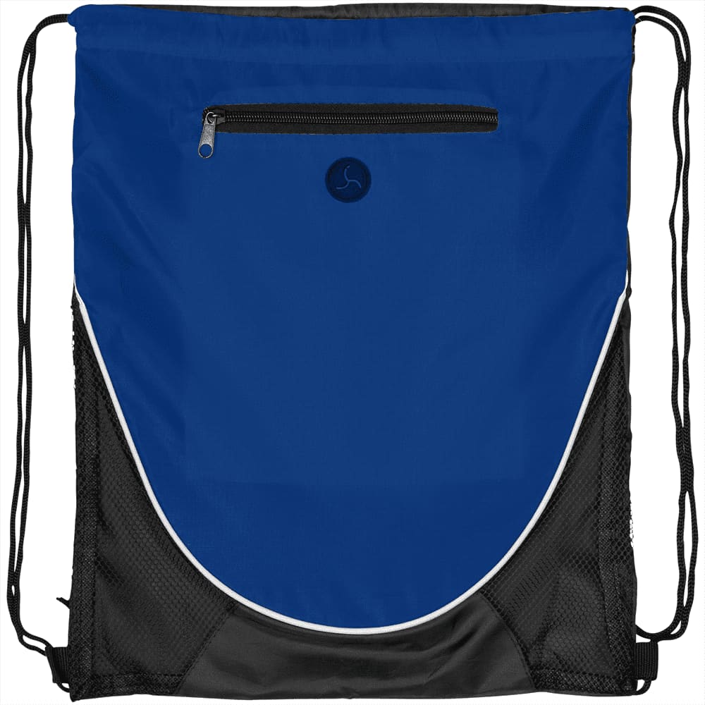 A blue and black drawstring backpack featuring a zippered front pocket and a logo.