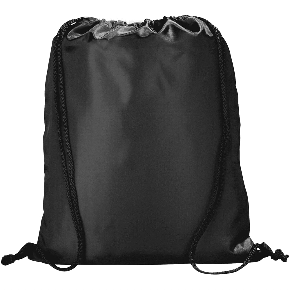A black drawstring backpack with braided cords and a sleek, smooth finish. Features a logo on the front.
