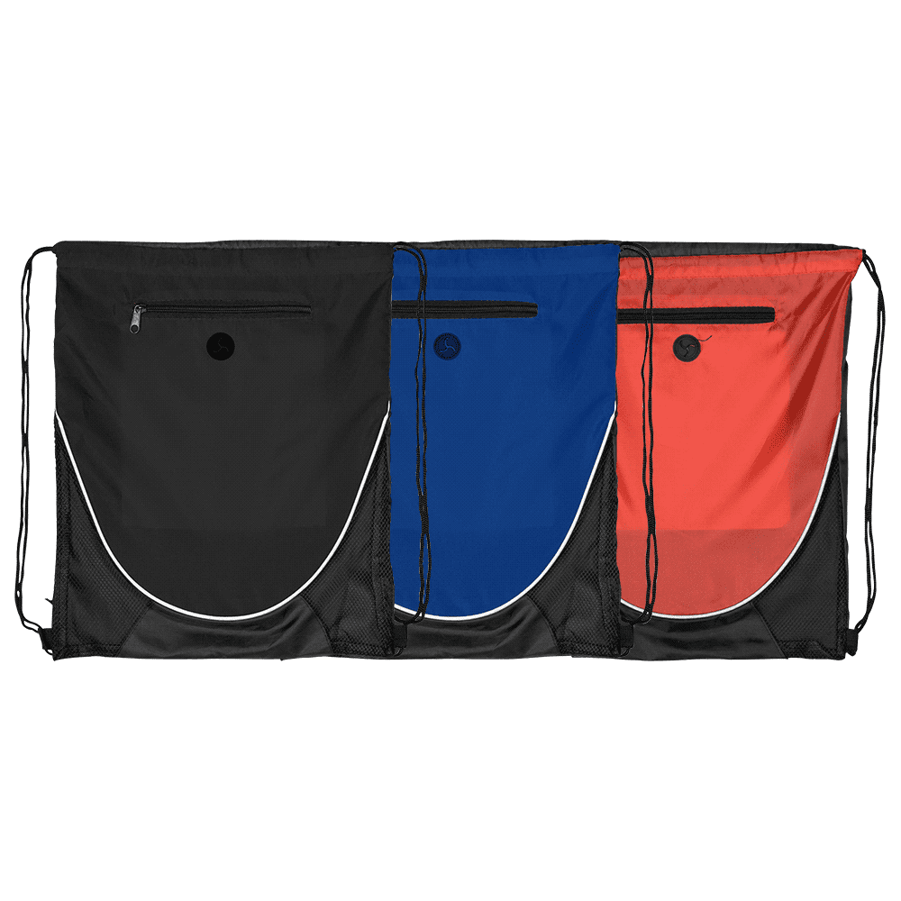 A drawstring backpack set in black, blue, and red, featuring a zippered pocket and mesh details.