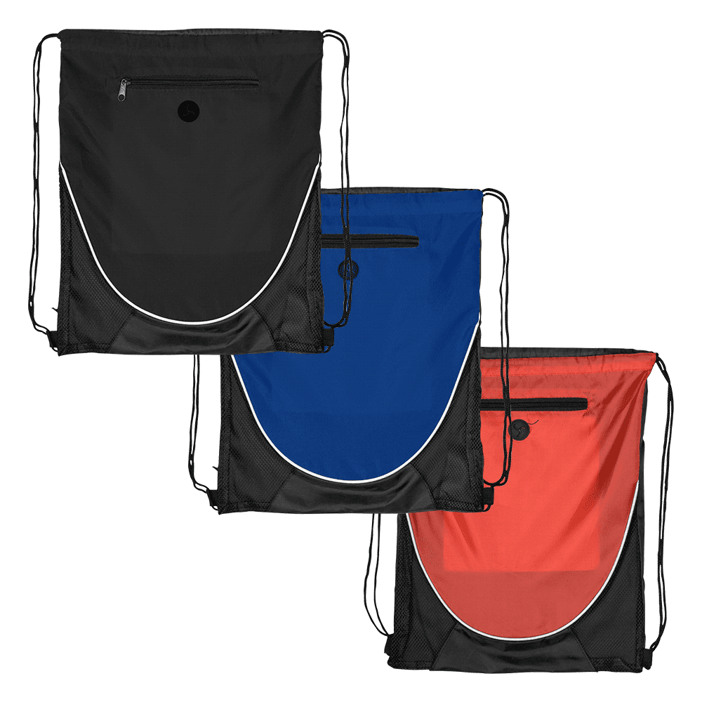 A drawstring backpack available in black, blue, and red, featuring a zippered pocket and a logo.