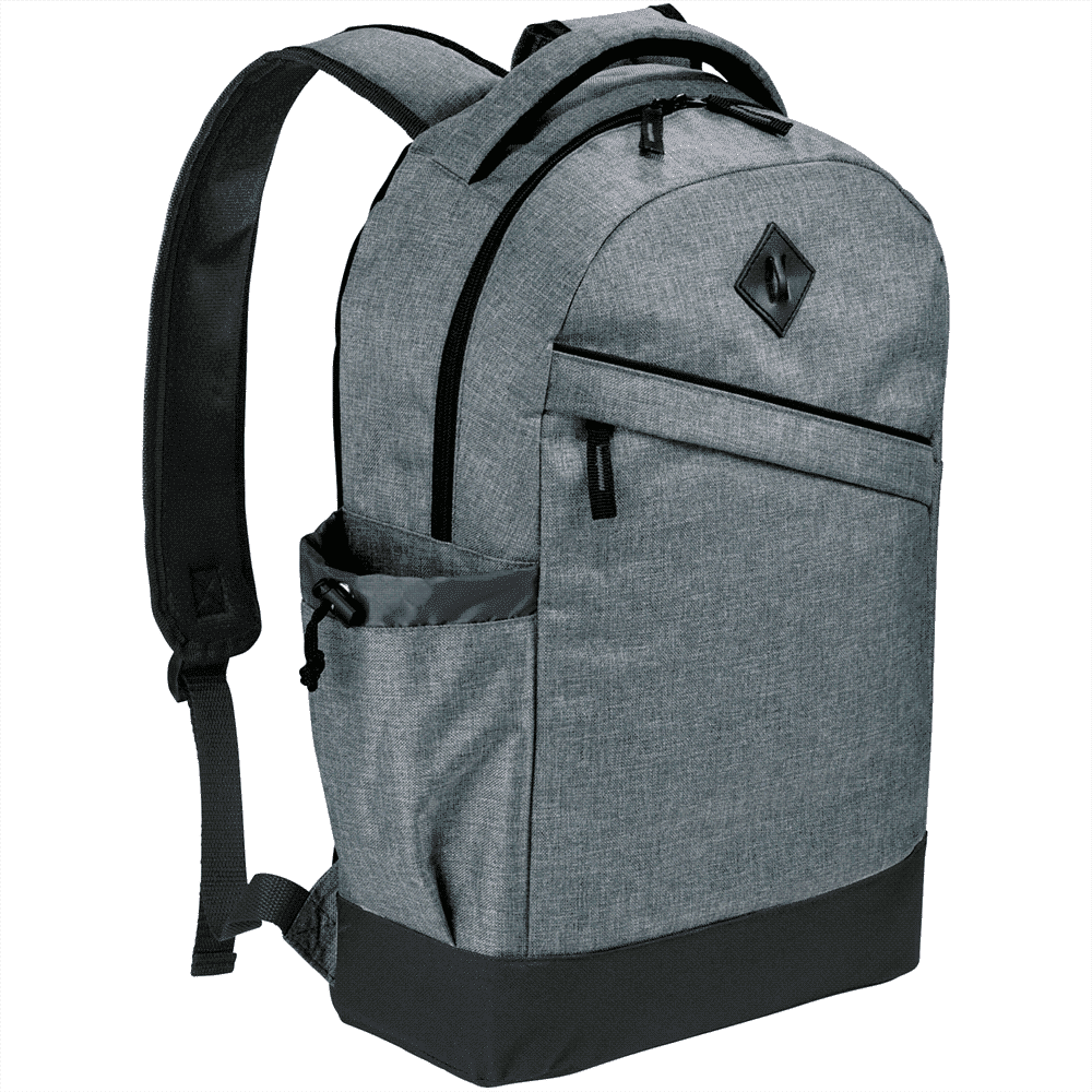 A grey laptop backpack with multiple compartments, padded straps, and a side pocket. Features a logo.