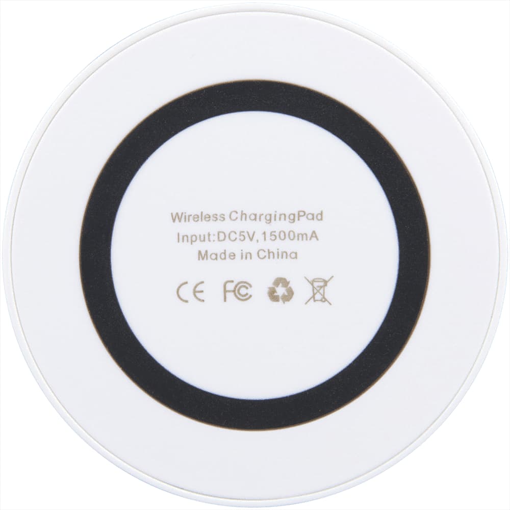 A wireless charging pad in white with a solid black circular base, featuring a logo.