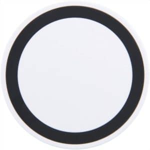 A wireless charging pad in white with a solid black border, featuring a logo.