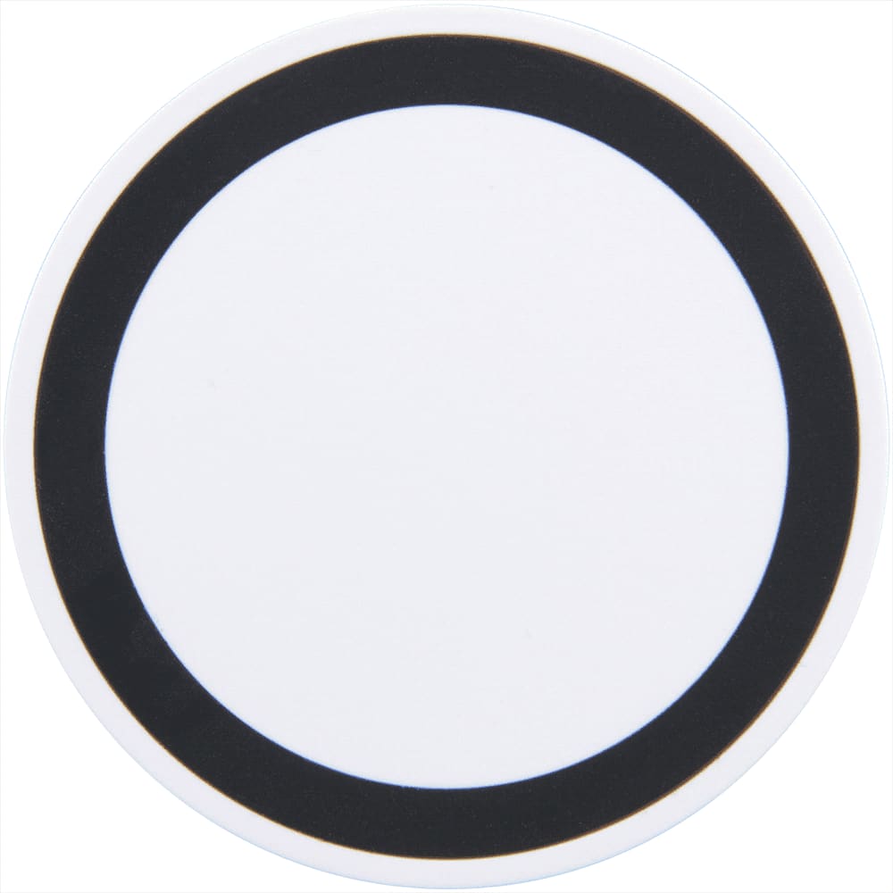 A wireless charging pad in white with a solid black border, featuring a logo.