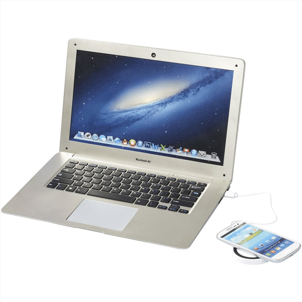 A wireless charging pad in white and solid black, with a laptop and smartphone positioned nearby.