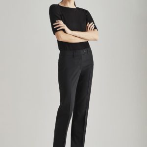 A pair of black women's relaxed stretch pants, styled with a fitted top and heels, featuring a subtle logo.