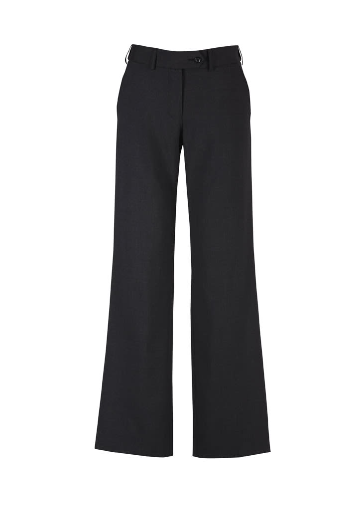 A pair of women's black wool stretch pants with an adjustable waist, featuring a classic fit and straight legs.
