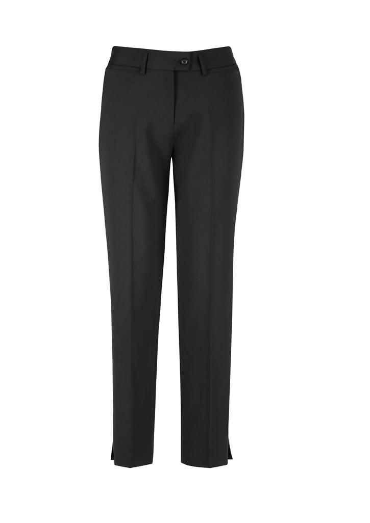 A pair of black slim leg pants with a button closure and side slits at the hem, featuring branding on the waistband.