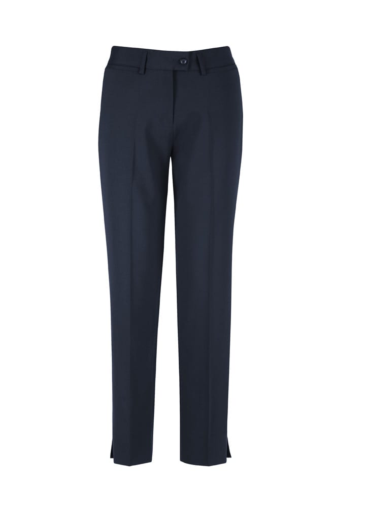 A pair of women's slim leg pants in navy wool blend, featuring a button closure and slight side slits.