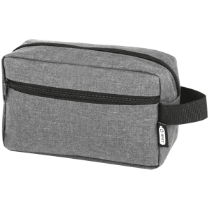 A grey toiletry bag with a zippered closure and a side handle, featuring a logo. Lightweight and compact design.
