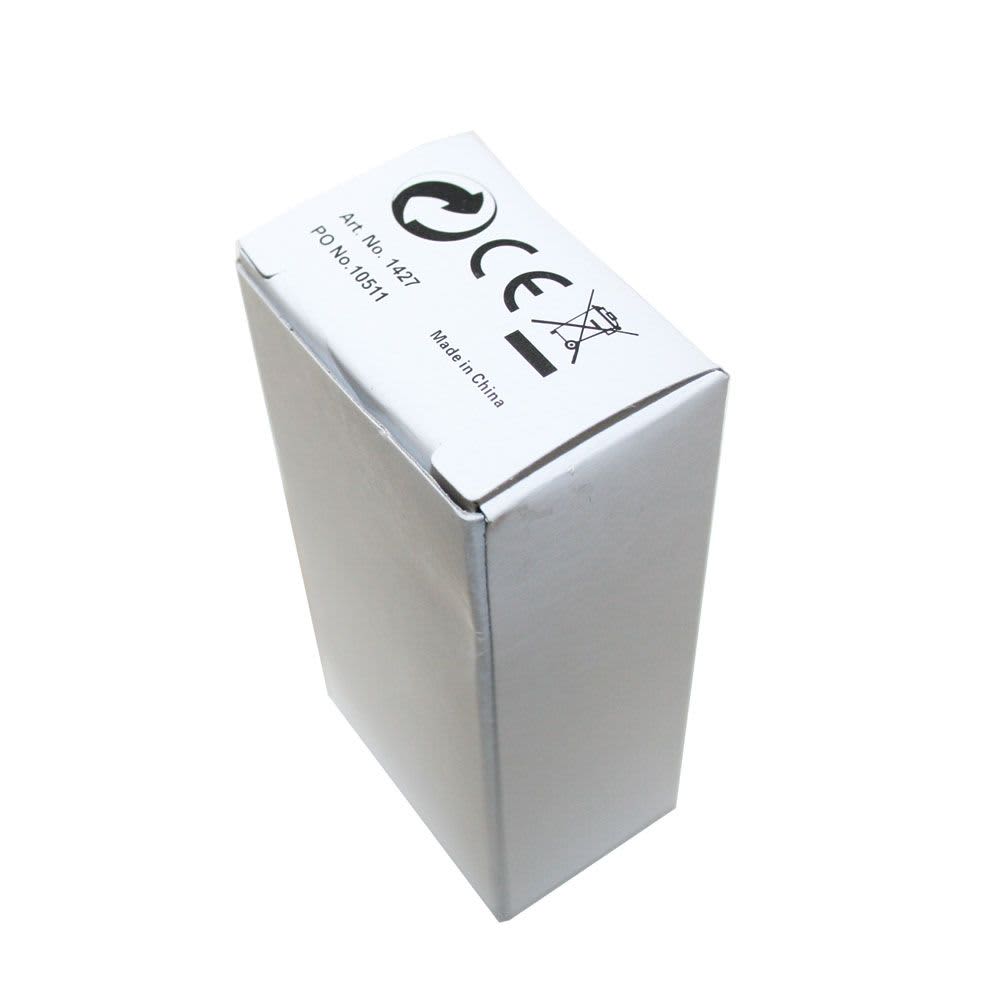 A silver box with a logo, containing a dual car charger for smartphones and technology accessories.
