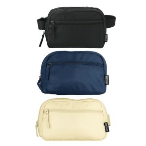 A collection of three recycled sport bum bags in black, navy blue, and white, featuring zippers and branding.
