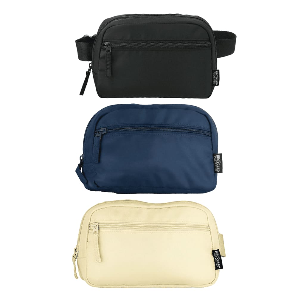 A collection of three recycled sport bum bags in black, navy blue, and white, featuring zippers and branding.