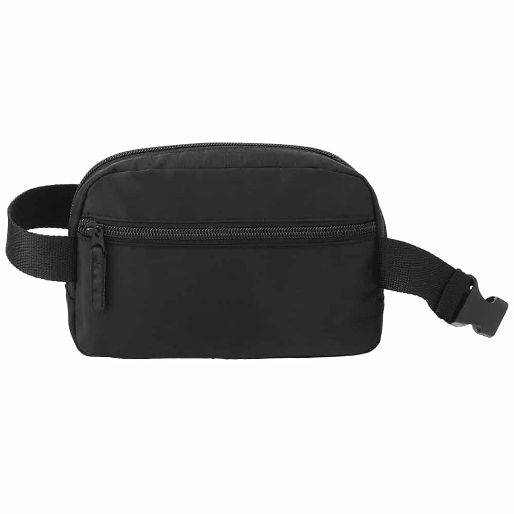 A black recycled sport bum bag with a front zip pocket and an adjustable strap; features branding.