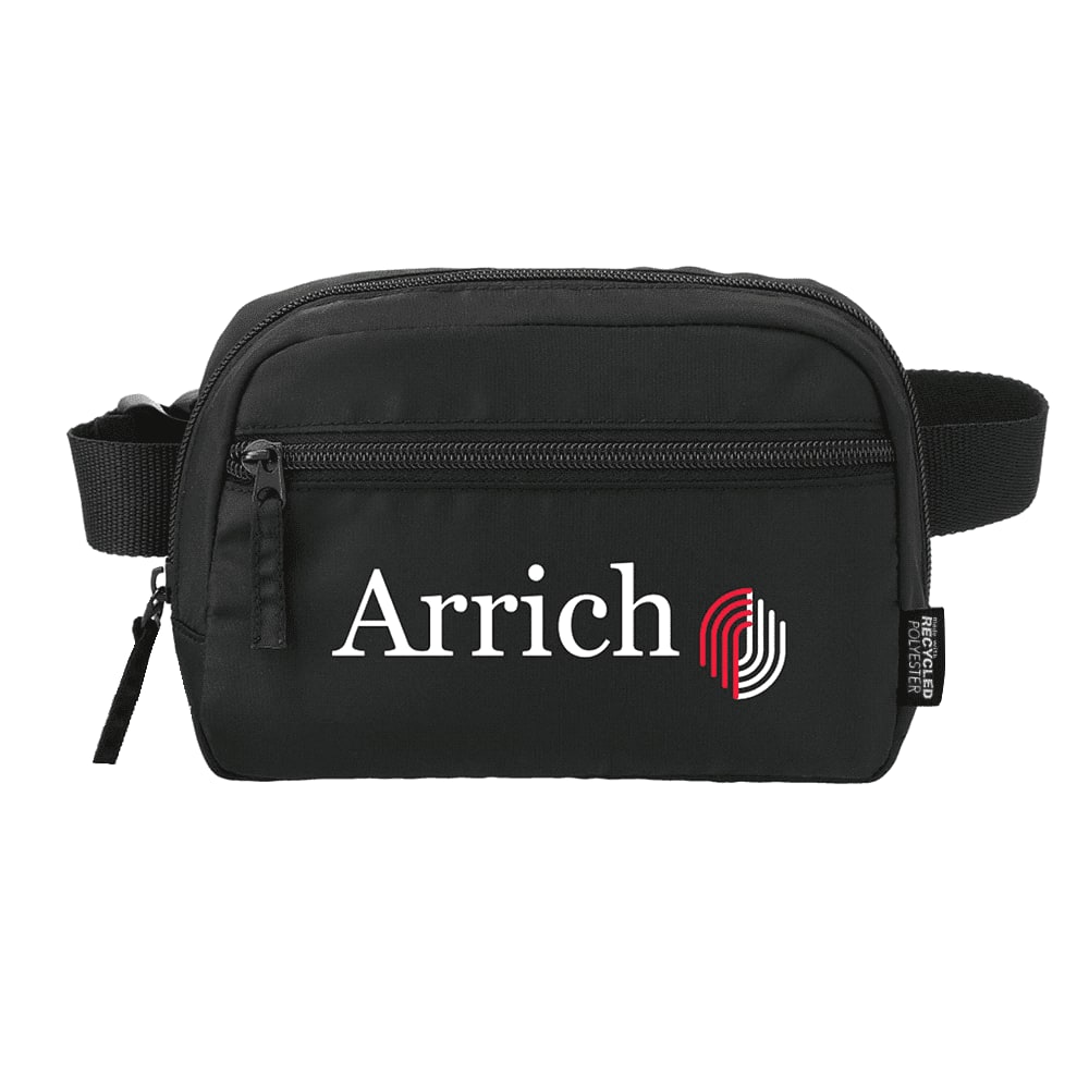 A white recycled sport bum bag with a zippered compartment and a logo tag on the side.