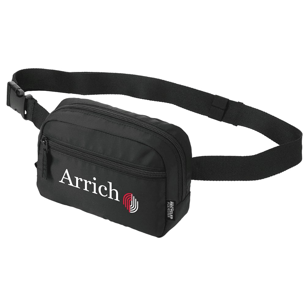 A navy blue recycled sport bum bag with a zippered compartment and a brand tag.