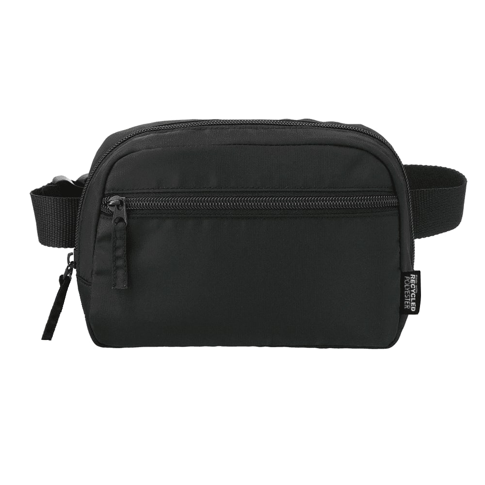 A navy blue recycled sport bum bag with a zippered compartment and an adjustable strap, featuring a logo.
