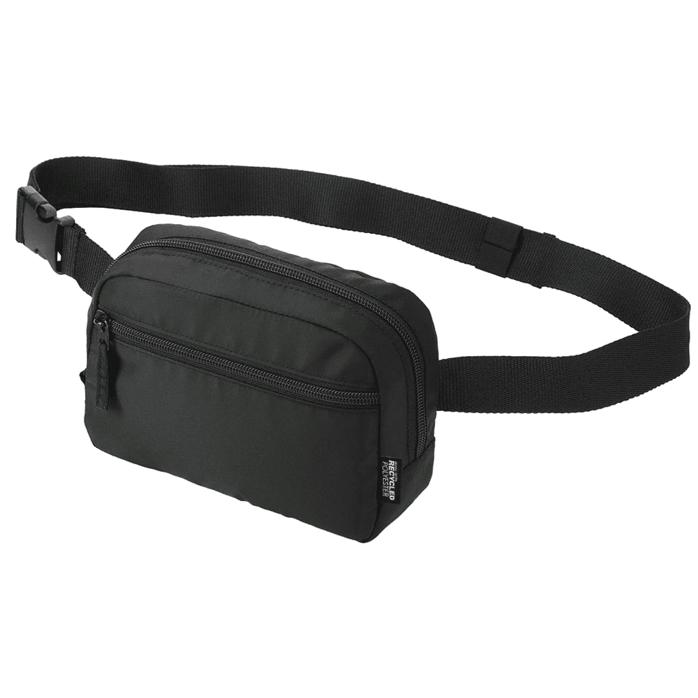 A black recycled sport bum bag featuring a zippered compartment and an adjustable strap, with a logo on the front.