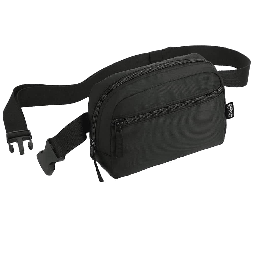 A black recycled sport bum bag with a zippered compartment and an adjustable strap. It features a logo.