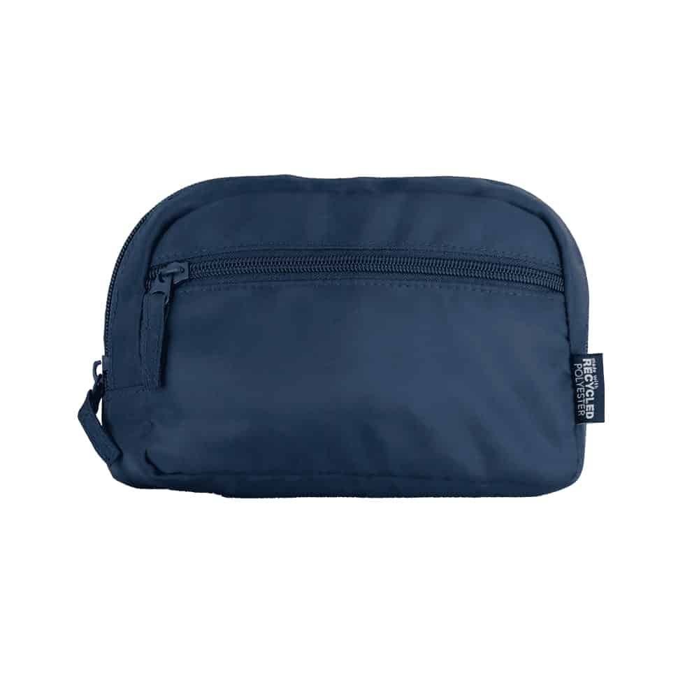 A cream bum bag featuring a front zipper pocket and a logo design with trees and antlers.