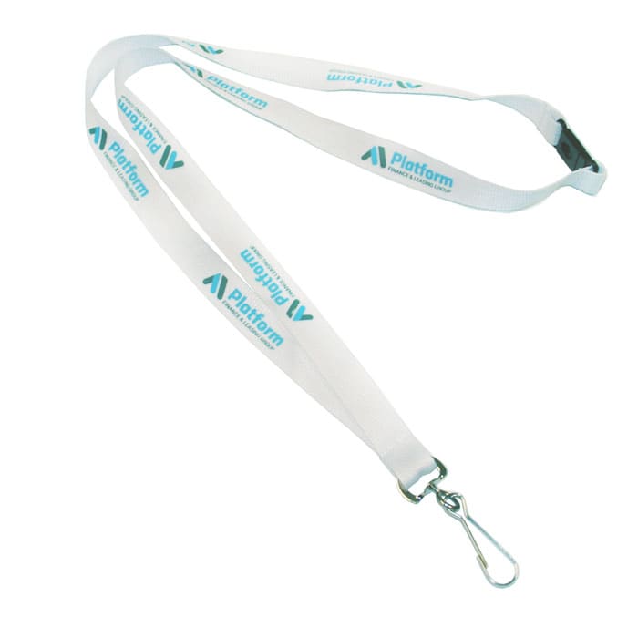 A white lanyard with screen-printed branding and a metal clip for attachment.