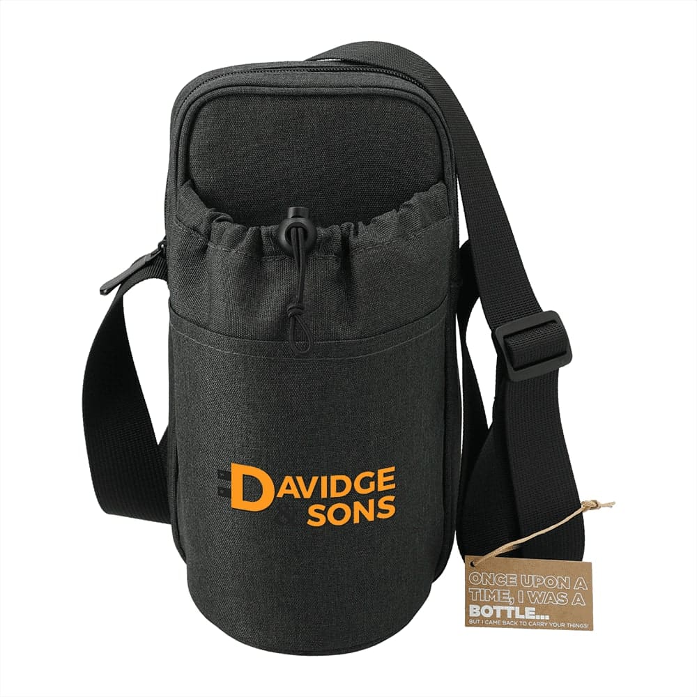 A drink bottle cooler in black fabric with an adjustable strap and a pouch, featuring a logo on the front.
