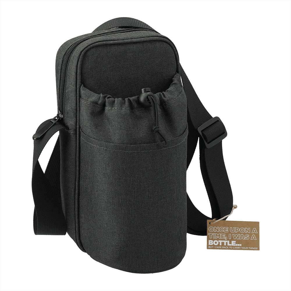 A drink bottle cooler in dark grey with an adjustable strap and a front pouch, featuring a logo.
