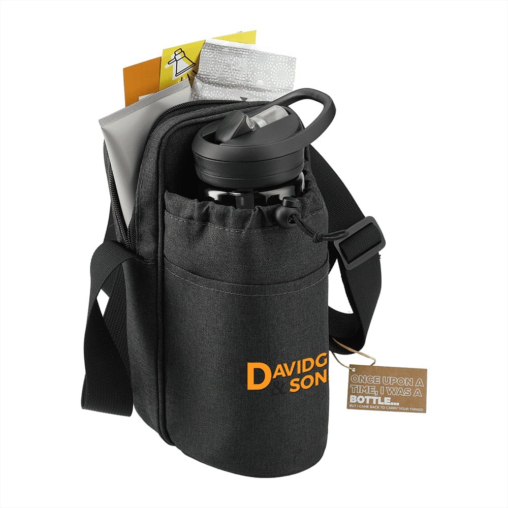 A drink bottle in a black adjustable cooler sling bag, featuring a pouch and a logo.