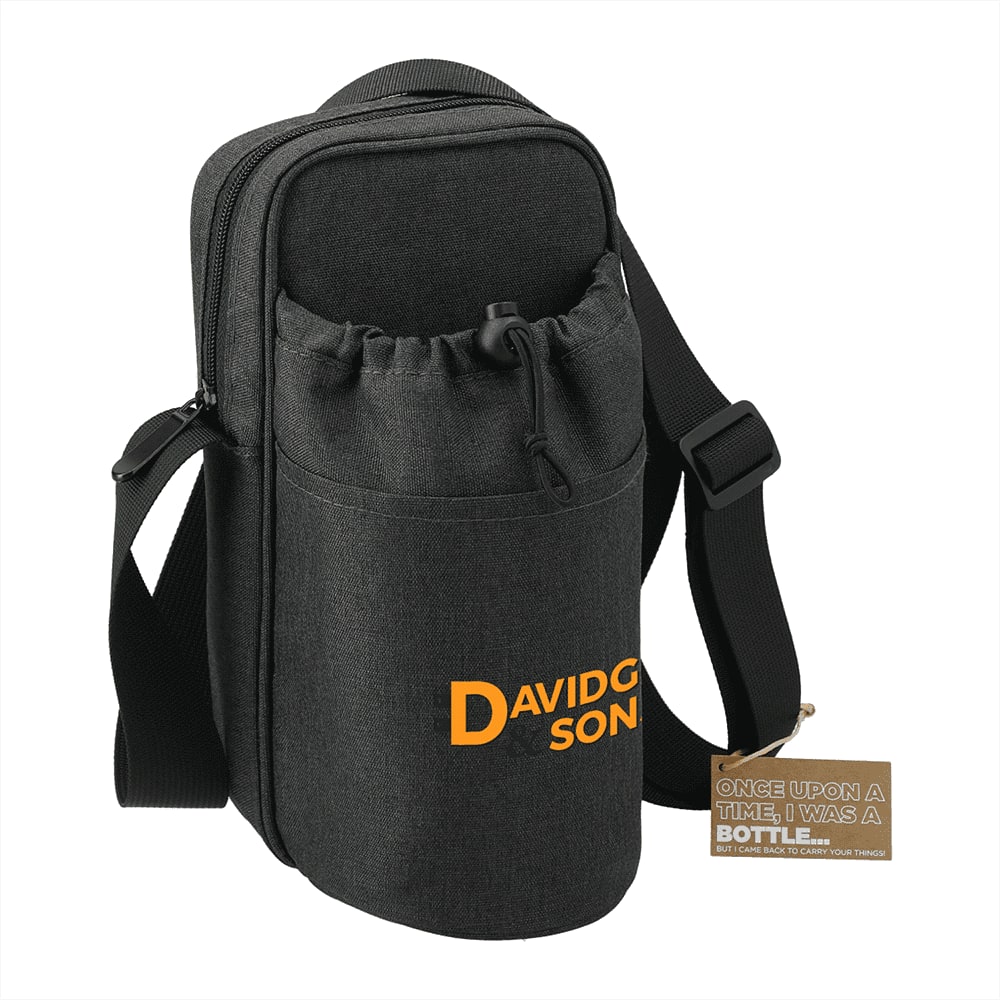 A drink bottle cooler in black fabric, featuring an adjustable strap and a pouch, with a logo on the front.