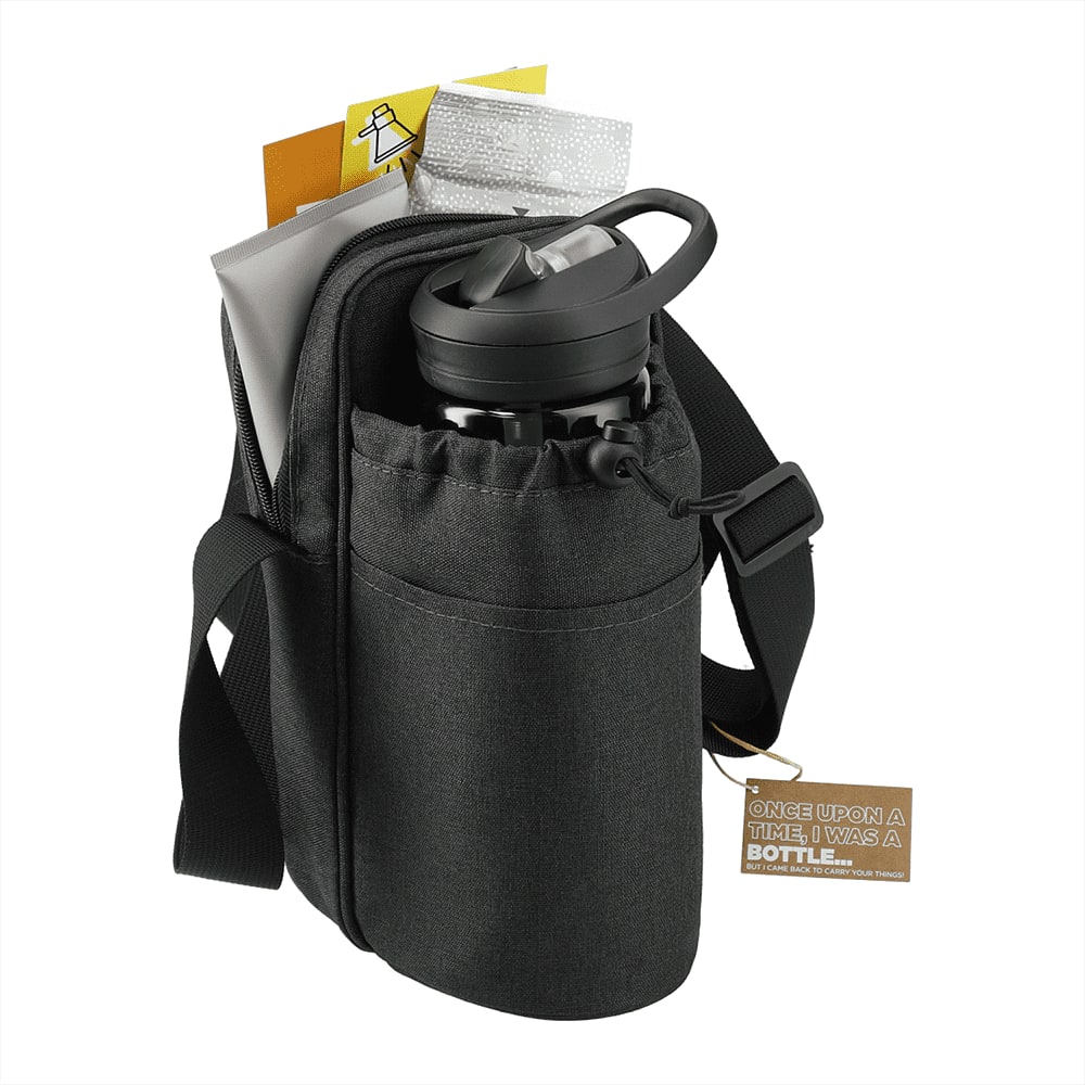 A drink bottle in a dark grey adjustable cooler bag with a pouch, featuring a shoulder strap.
