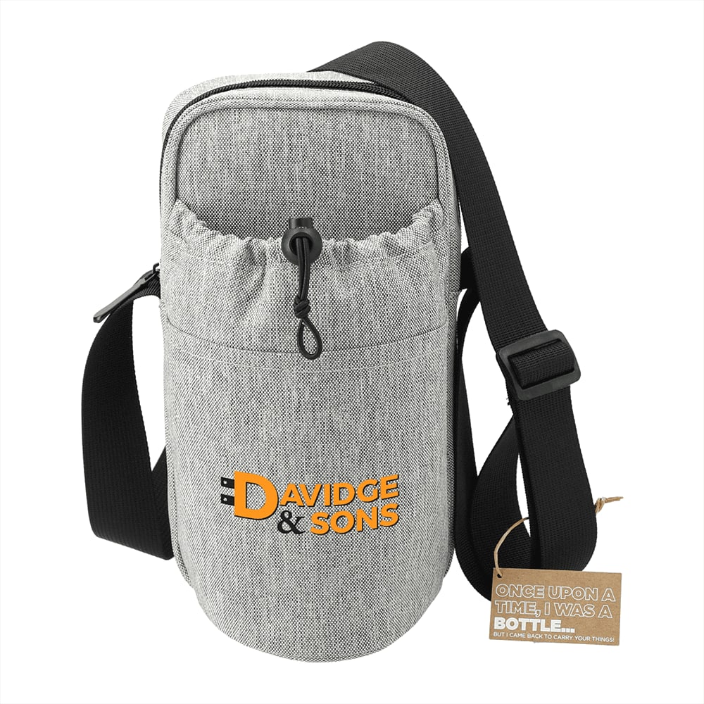 A drink bottle cooler in grey fabric with an adjustable strap and a pouch. Features a logo on the front.