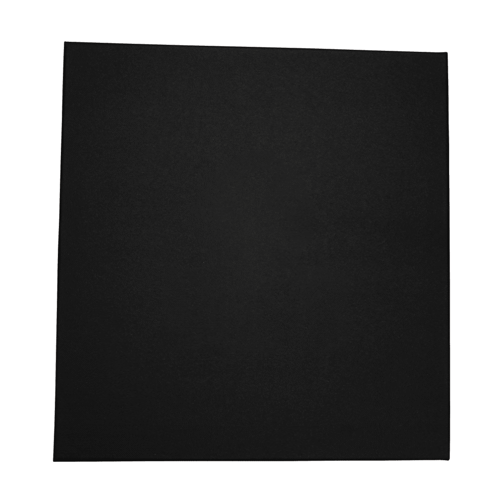 A flat, square black surface with a smooth texture, featuring a subtle branding logo in one corner.