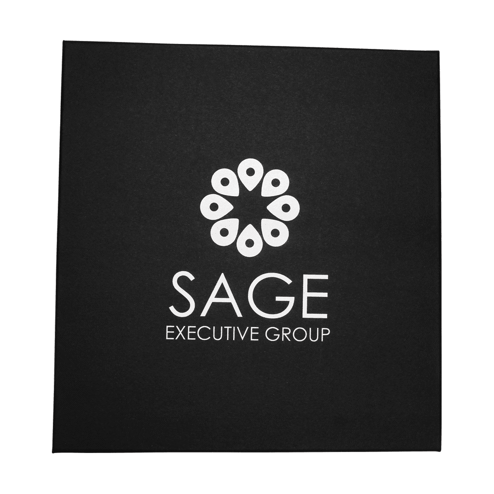 A square black wine box featuring a logo and the name 
