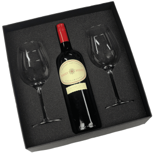 A wine box featuring a red wine bottle and two clear wine glasses, all in a black cushioned packaging.