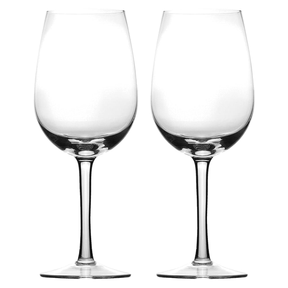 Two clear glass wine glasses with elegant stems, designed for serving wine.