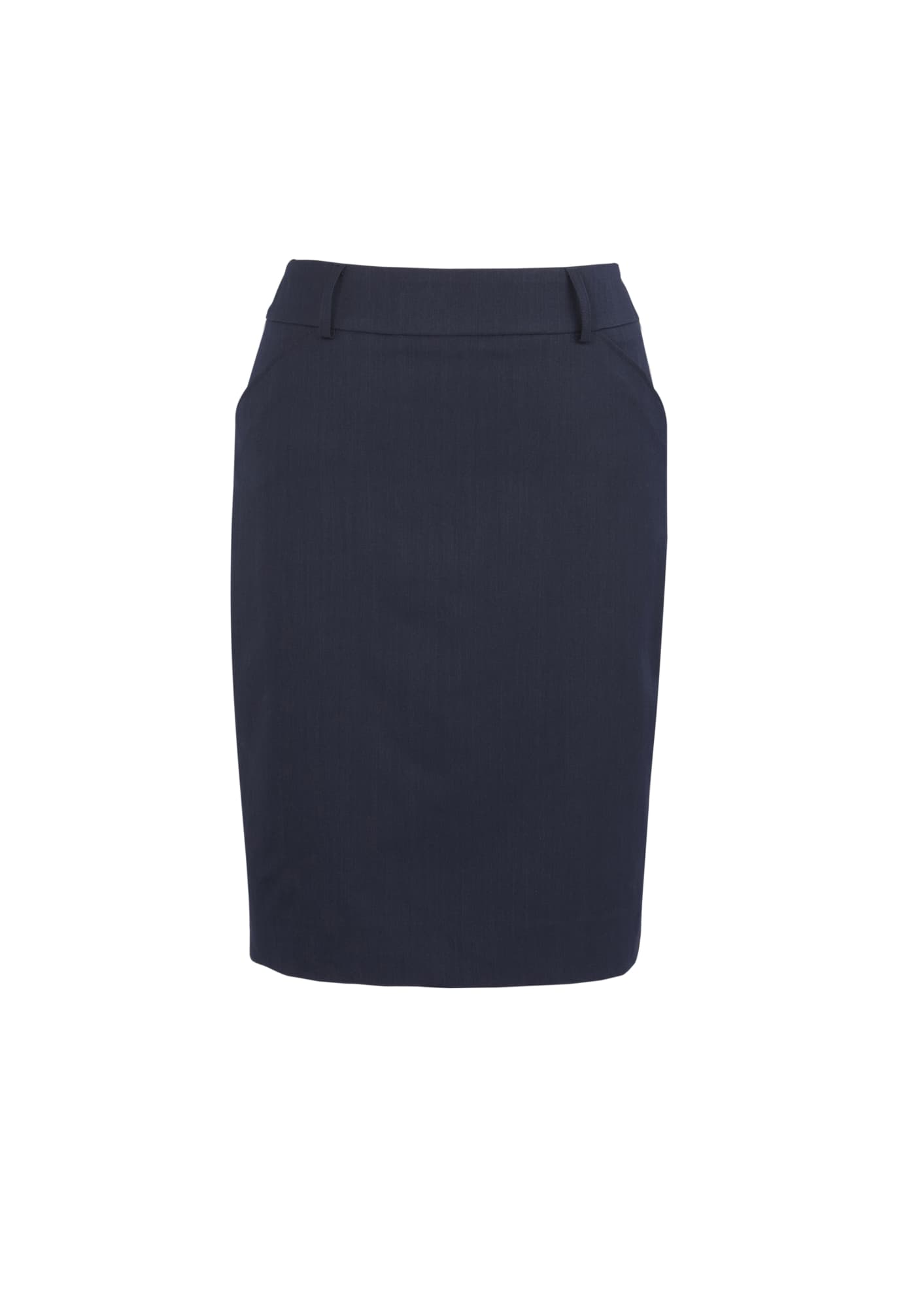 A women's cool stretch multi-pleat skirt in navy blue with a tailored design and pockets. It has a logo.