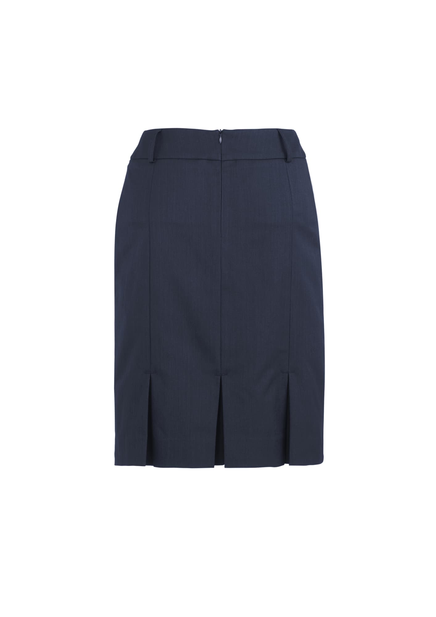 A women's navy pleated skirt featuring a structured design and back zip. It has a branding logo on the waistband.