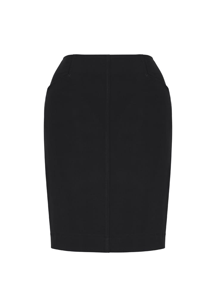 A black pencil skirt with a bandless design and two pockets at the front. It features a fitted silhouette.