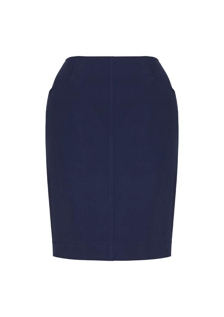 A navy pencil skirt with a fitted design and front pockets, featuring a flat waistband.