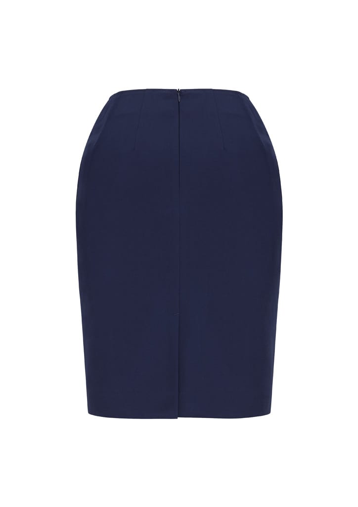 A navy blue women's pencil skirt with a fitted design and a back zip closure. It has a sleek, bandless silhouette.