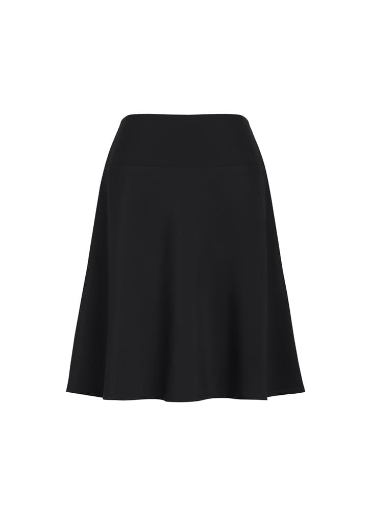 A black flared skirt with a bandless waist, featuring a smooth, flowing design.
